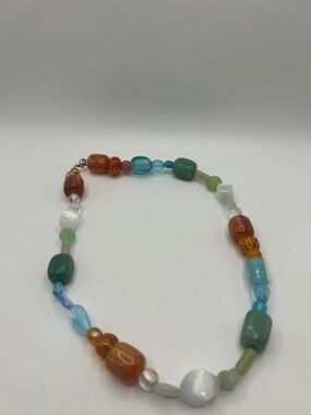 Vintage Multicolor Glass Bead Necklace - Blue, Green, Orange, White